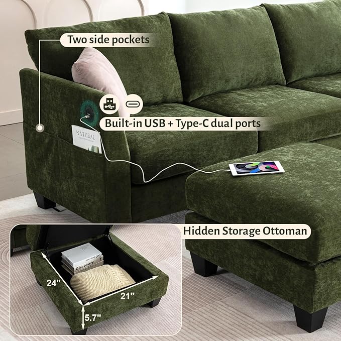 136.4 Modular Sectional Sofa U-Shaped 8 Seater Sectional Sofa with Storage Ottoman Linen L-Shaped Couch Large Cloud Couch with Cup Holders &amp USB for Living Room（Green