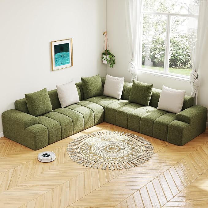 Cloud Modular Sectional Sofa Couch 108 V Shaped Chenille Fabric Memory Foam Sofa 5-Seater Couches with 6 Pillows for Living RoomApartmentGreen