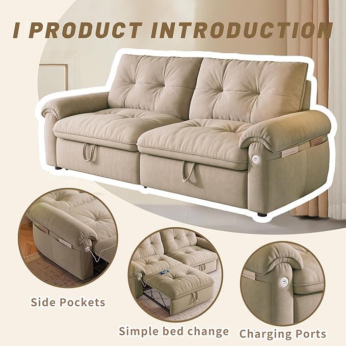 77 Queen Size Sofa Bed Loveseat Sleeper Sofa with Pull Out Bed Pockets and USB Velvet Fabric 2 Seater Convertible Small Couch for Living Room Bedroom Apartment Light Brown