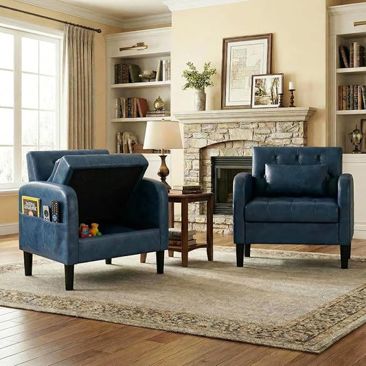 TYBOATLE Leather Chairs Set of 2 w/Storage Comfy Modern Living Room Chairs Accent Chair Set of 2 for Reading Armchair for Bedroom Waiting Room Office
