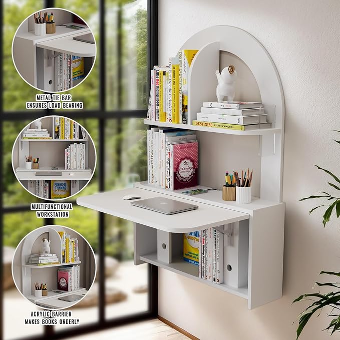 Wall Mounted Drop-Leaf Table Floating Laptop Desk Folding Table with Shelves Multifunctional Computer Workstation Storage Compartments in Home Office for Space Saving (White)