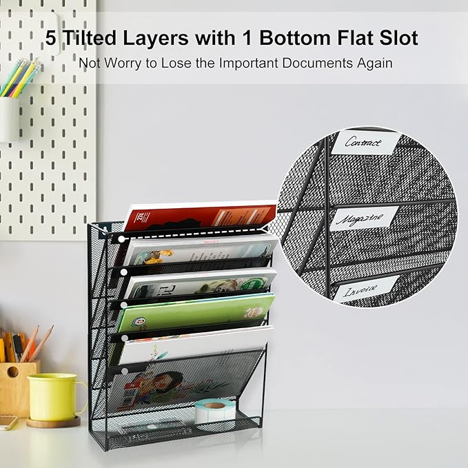 EasyPAG 5 Tier Wall File Holder Mesh Hanging Folder Organizer with Classify Label Versatile Desk File Holder Vertical Wall Mounted Mail Organizer for Office Home Cubicle Black