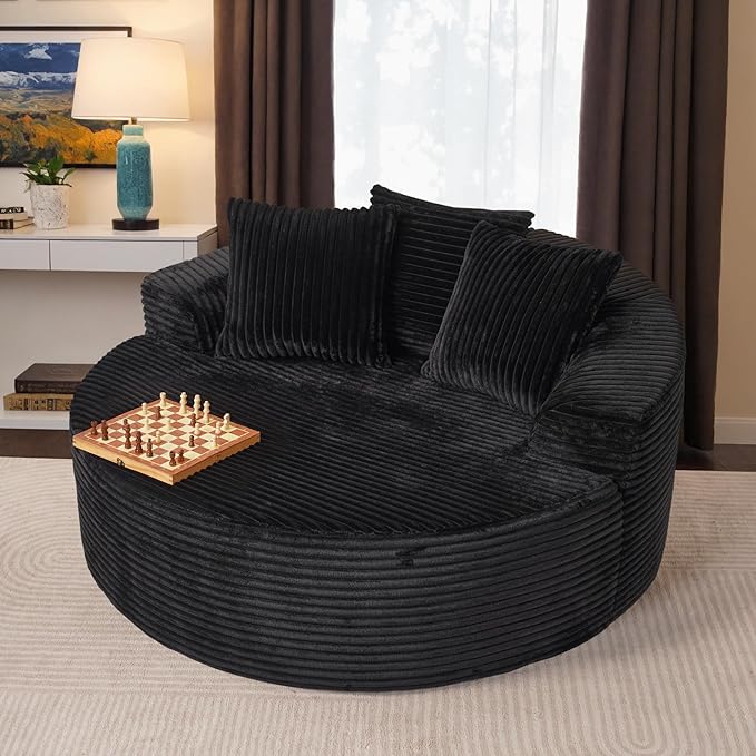 ovios 58 Oversized Round Chair Lounge Chaise Indoor No Assembly Required Cloud Large Circle Chair with Plush Fuax Fur Fluffy Modern Sleeper Sofa Bed for Reading Yoga Black (Plush Corduroy Fabric)