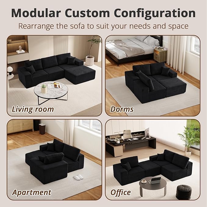108 L-Shaped Boneless Couch Modular Sectional Sofa with Moveable Ottoman Corduroy Cloud Couches for Living Room No Assembly Ship in a Box Black