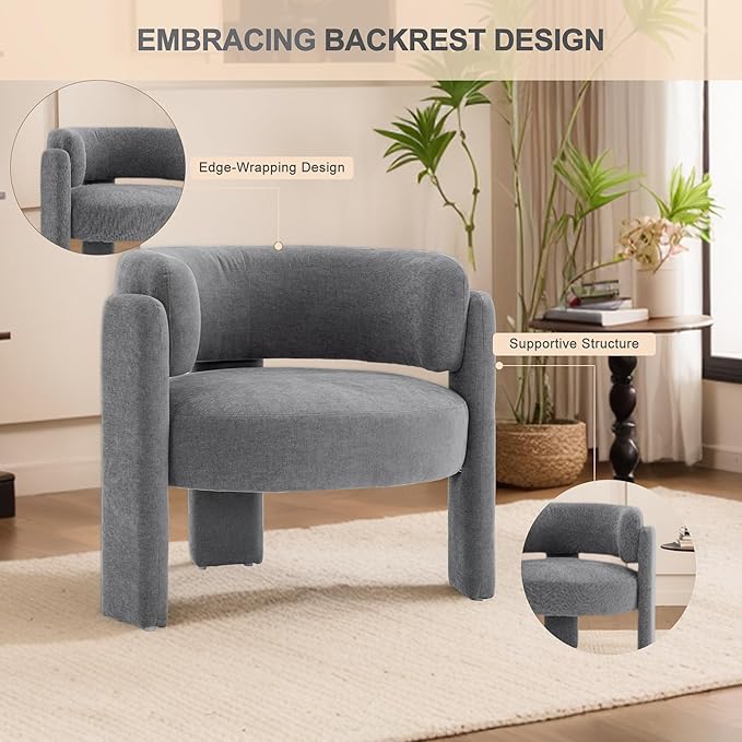 Modern Accent Barrel ChairMid Century Single Armchair with Curved Backrest Upholstered Side Reading Chair with 3 Legs Comfy Sherpa Chair for Bedroom and Living Room (Gray Set of 1)