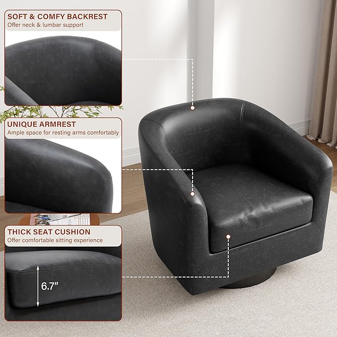 Lumibee Faux Leather Swivel Barrel Chairs Upholstered Comfy Round Swivel Accent Chair 360° Rotation Single Sofa Club Armchair for Living Room Reading Room Bedroom Black