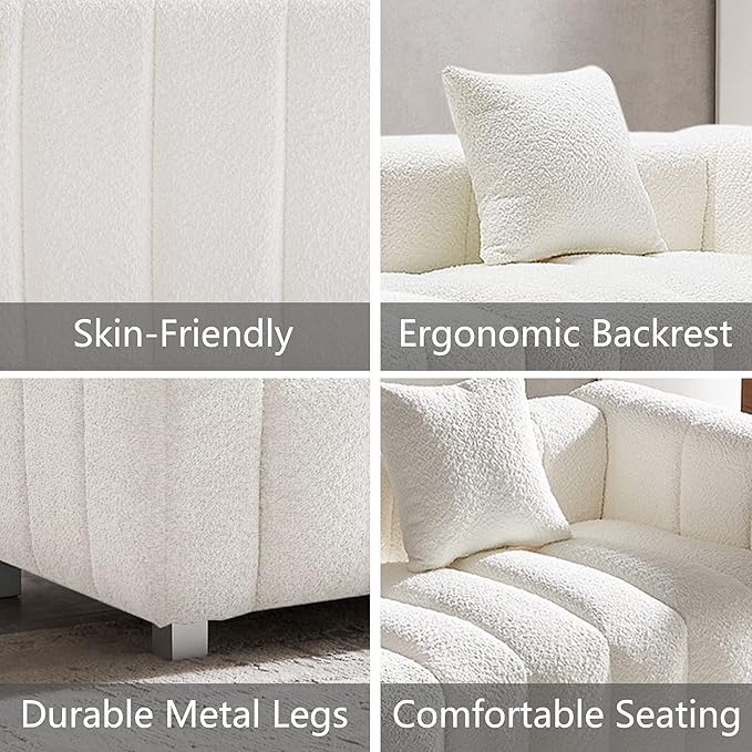 87.4'' Modern 3-Seater Sofa Bubble Couch for Living Room Premium Teddy Velvet Deep Seat Sofa Couch Fluffy Loveseat Sofa with 6 Metal Base Legs for Bedroom/Home/Office (White)