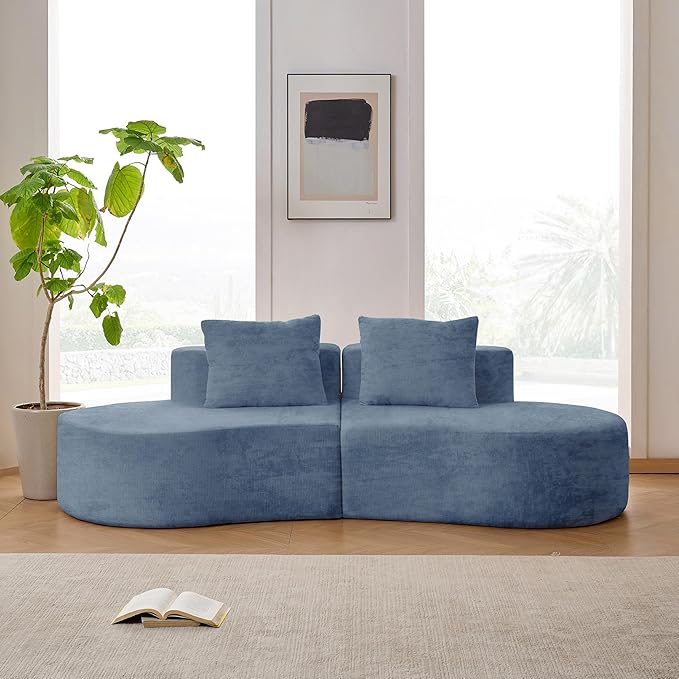 94.5'' Curved Sofa Chenille Fabric &amp Memory Foam Deep Seat Cloud Couch with 2 Pillows Modern 4-Seater Sectional Sofa No Assembly Needed - Boneless Couches for Living Room Apartment (Blue)