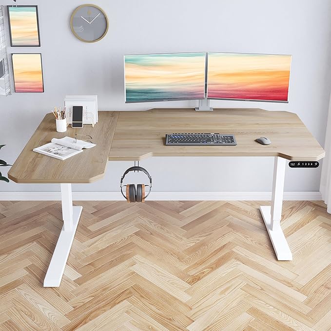 L-Shaped Electric Standing Desks Adjustable Height Black Wood Top Rising Desks for Home Office 59 Inch Sit Stand Desk Electric with Wheels &amp Type-C Port/Controller (Oak)