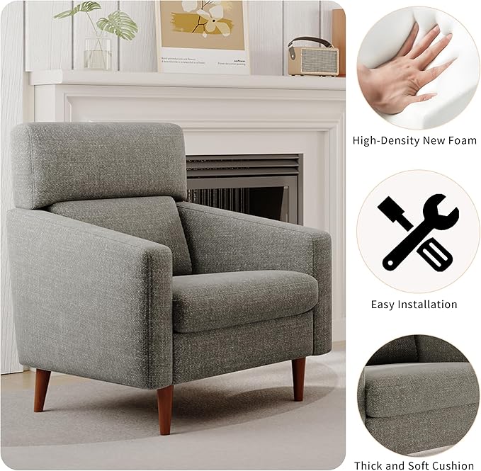 EJUNQ Mid-Century Accent ChairFabric Modern Reading Living Room Chairs Upholstered Armchair with Wood LegsCozy Reading Chair for Living RoomBedroom（Grey