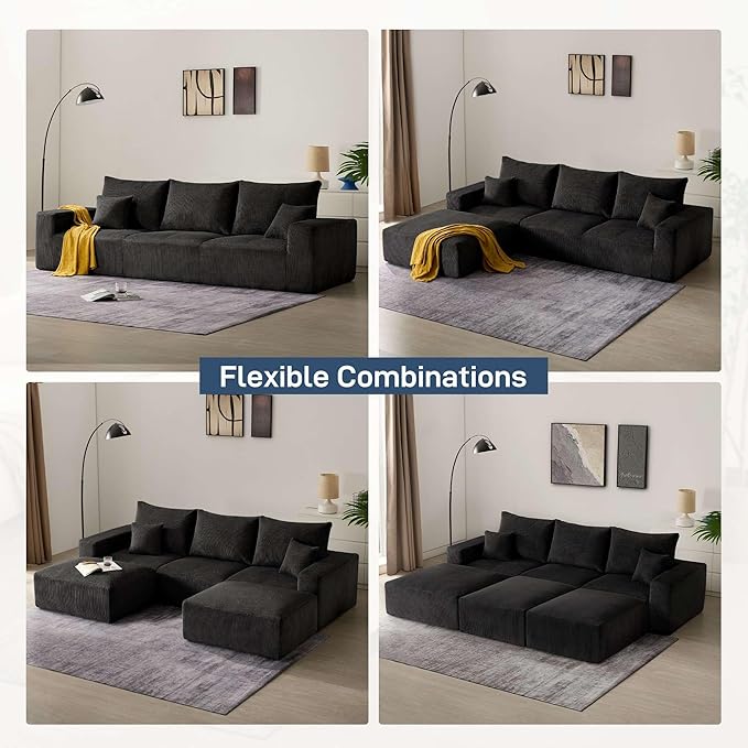 Modern Sleeper Sofa Couches for Living Room-113 Black 3 Seater Boneless Cloud Couch-No Assembly Required Modular Corduroy Convertible Full Sponge Compression Sofas for House Apartment