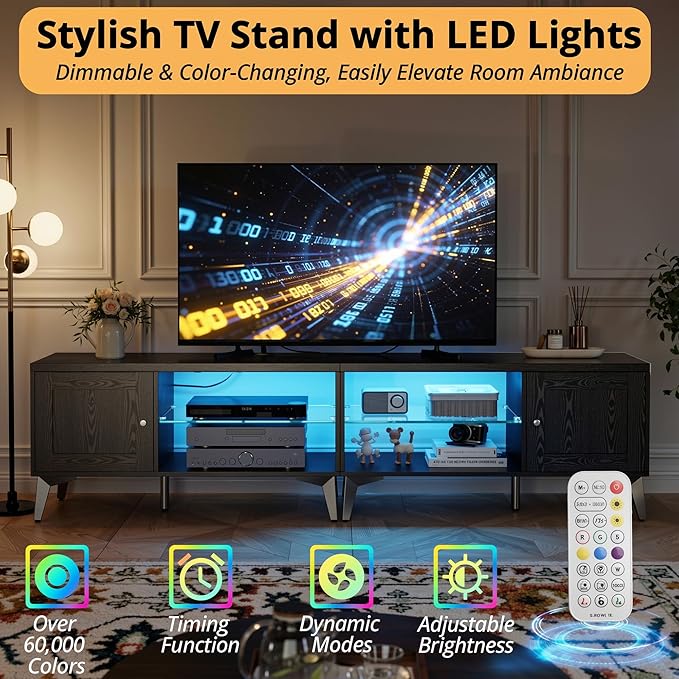 LIKIMIO 2-in-1 TV Stand for 85 Inch TV Black TV Consoles with LED Lights &amp Charging Station Entertainment Center with Storage Cabinets &amp Adjustable Glass Shelves TV Table for Living Room &a
