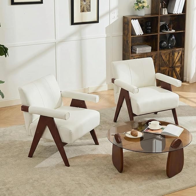 AODAILIHB Mid Century Modern Accent Chair Set of 2 Solid Wood Frame White Linen Armchairs Modern Reading &amp Living Room Chairs for Office Guest &amp Waiting Room