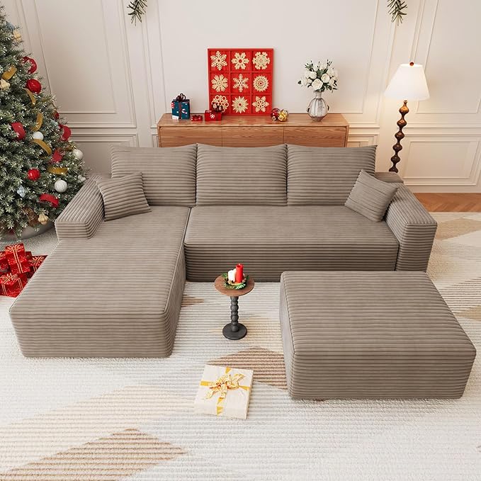107 U Shaped Cloud Sectional Couch with Fluffy Corduroy Deep Memory Foam Seats Sofa with 1 Ottoman for Living Room No Assembly Required(CamelLeft-Facing Chaise)