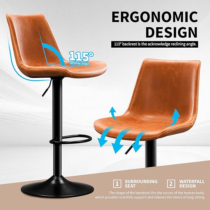 Vintage Bar Stool Height Adjustable Crazy Horse Leather Bar Chair X-Large Base and Seat Bar Stools Ergonomic Bistro Stool with Footrest for Kitchen Dining Bistro Pubx Set of 2 Whisky Brown