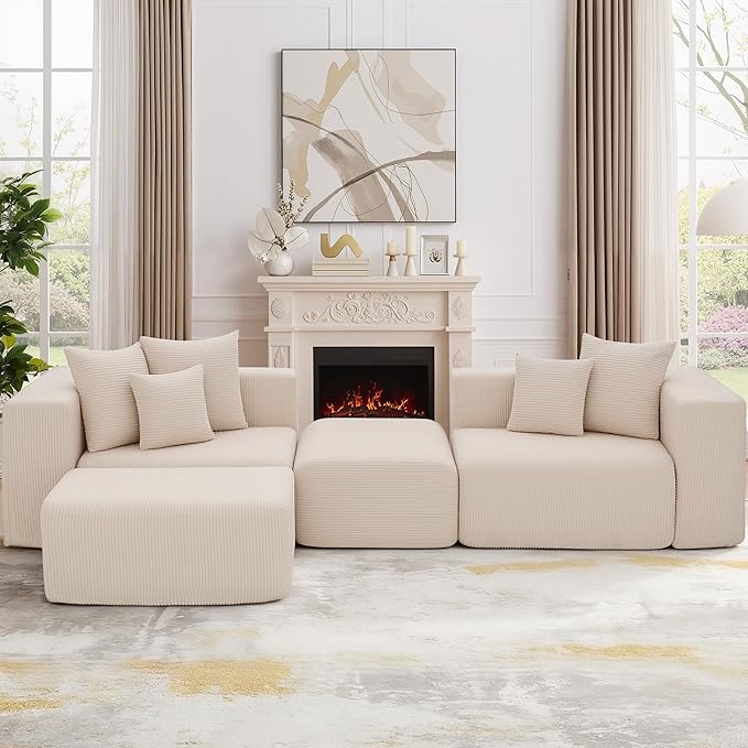 117” Boneless Cloud CouchSectional Modern 4 Seater L-Shaped Sleeper Sofa CouchesNo Assembly Modular Corduroy Convertible Sponge Compression Sofas with Chaise and Ottoman for Living Room(Beige)