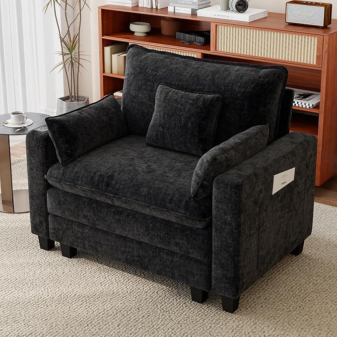 Accent Chair for Living Room with Smart Charging Module Oversized 45.25 Chenille Fabric Armchair Mid Century Modern Single Sofa Chair Comfy Reading Chair for Bedroom Apartment Waiting Room