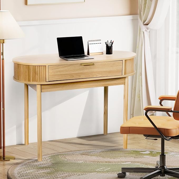 Oval Wood Desk with Drawer39.37 Inch Small Study Work Writing Desk Computer Gaming TableStudent PC Storage MDF Desk for Home Office Bedroom Living Room(Light Oak Color)
