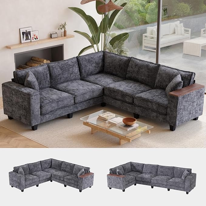97 L Shaped Couch Corner Sofa 5 Seater Oversized Cloud Couch with 2 Pillows Modular Sectional Sofa Armrests with Two Hidden Storage Space Sectional Couches for Living Room Gray Textured