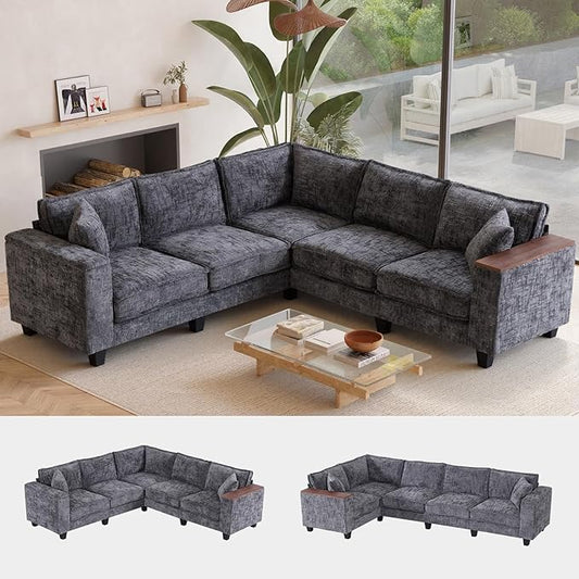 97 5 Seater L Shaped Couch Corner Sofa Oversized Cloud Couch with 2 Pillows Modular Sectional Sofa Armrests with Two Hidden Storage Space Sectional Couches for Living Room Gray Textured