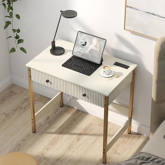 Manora 31.5” Computer Desk with Power Outlets and USB Ports Modern Writing Desk with Fluted Drawer Front Small Study Table with Storage Drawers for Home Office Bedroom Vanity Use White and Gold