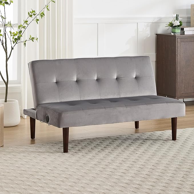 Anwick Convertible Futon Sofa Bed with Charging Port 45″ Folding Sleeper Sofa Adjustable Backrest Small Couch for Living Room Small Spaces Or Office Modern Loveseat (Gray)