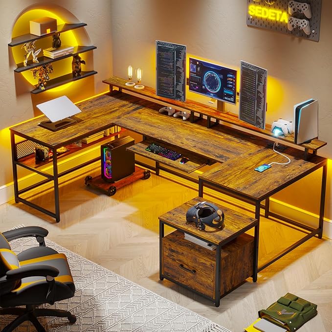 SEDETA U Shaped Desk Reversible L Shaped Home Office Desk with File Drawer &amp Power Outlet 101.5'' Computer Two Person Desk with Monitor Shelf Keyboard Tray Gaming Desk Rustic Brown
