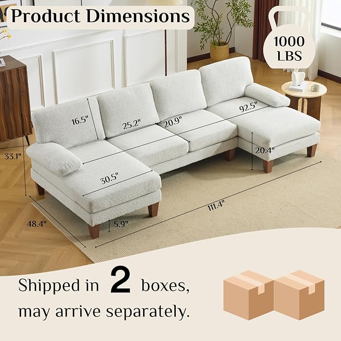 Karl home 110 U-Shape Sectional Couches for Living Room Chenille Upholstery 4 Seat Sofa Set with Double Chaises &amp Wood Grain Legs for Apartment White