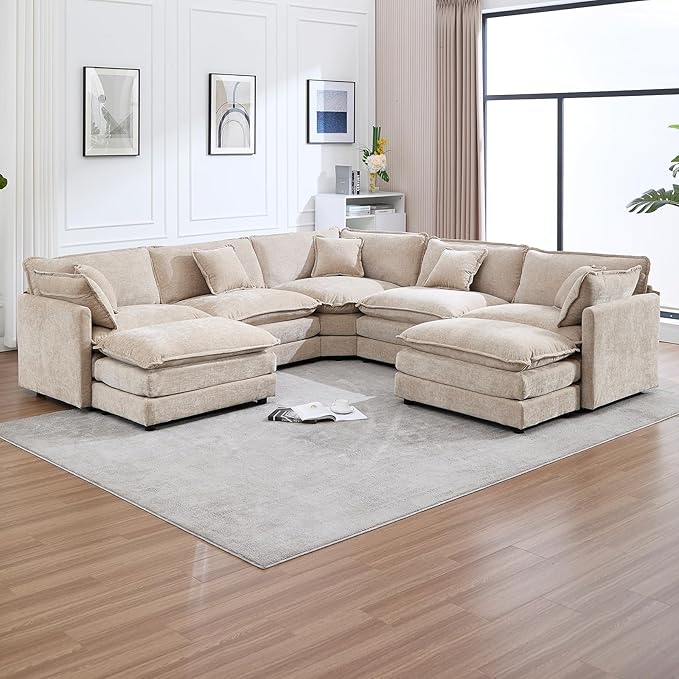 Oversized Modular Sectional Sofa Couch Large U Shaped Corner Couch with Ottoman Chenille Cloud Couches for Living Room Convertible 7 Seater Sectional Sofa for Office Spacious Space Camel