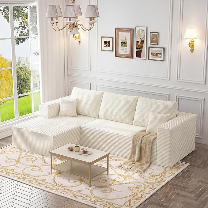 92.5 Modular Sectional Sofa L-Shaped Cloud Couch with Deep Seat &amp Chaise Premium Corduroy Boneless Couches for Living Room/Bedroom/Small Space No Need Assembly - Beige