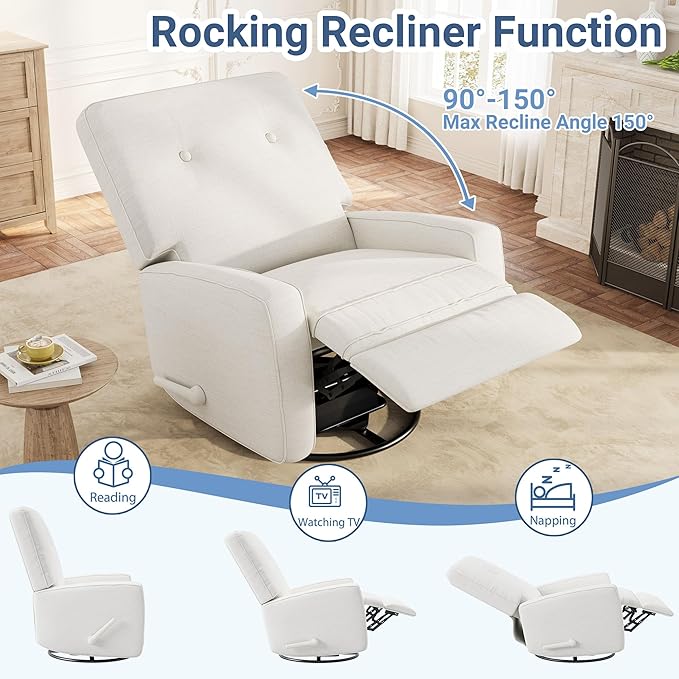 GarveeHome Recliner Chairs Swivel Rocker Recliner Glider Recliner Nursery Chair Recliner Chair for Adults 360°Swivel Glider Rocking Chair for Living Room Bedroom Office Linen White