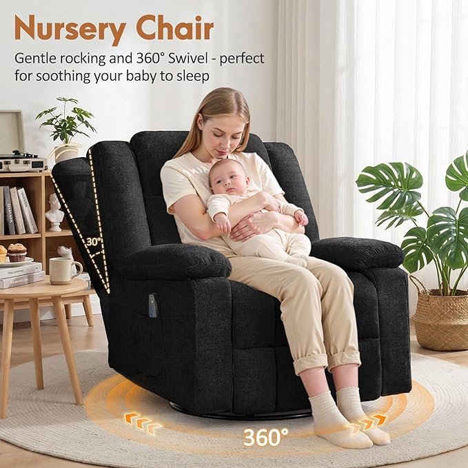 Rocker Recliner Chair for Adults 360° Swivel Rocker Recliner with Massage and Heating Nursery Rocking Chairs with Side Pockets Manual Reclining Chair for Living Room Bedroom or Nursery