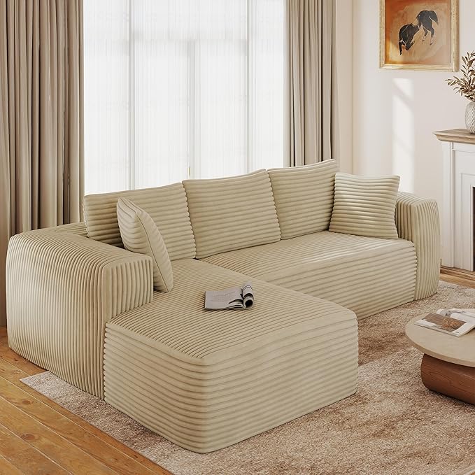 No-Assembly Cloud Sectional Sofa with L-Shaped Chaise Modern Modular Design for Living Room Features Deep Seat and Plush Corduroy Fabric Effortless Setup for Instant ComfortBeige