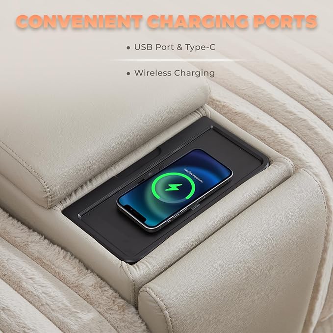 Large Reclining Loveseat with Pillow Top Arm Fluffy Fabric Recliner Sofa with Wireless Charging &amp Hidden Cup Holders Modern Reclining Couch for Living Room/RV/Apartment (Beige 2 Seater)