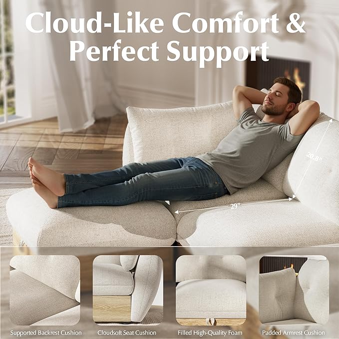 70 L Shaped Sofa Modular Sectional Cloud Couch with Storage Cotton and Linen Fabrics Modern Oversized Deep Seat Sofa with Armrest Pillow Easy Assembly for Living Room Apartment Ivory