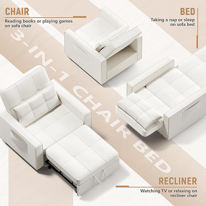 Flamaker Sofa Bed Sleeper Sofa 3-in-1 Adjustable Couch Bed with Modern Linen Fabric Convertible Sleeper Chair Couches for Living Room Apartment and Small Space (Bright White)