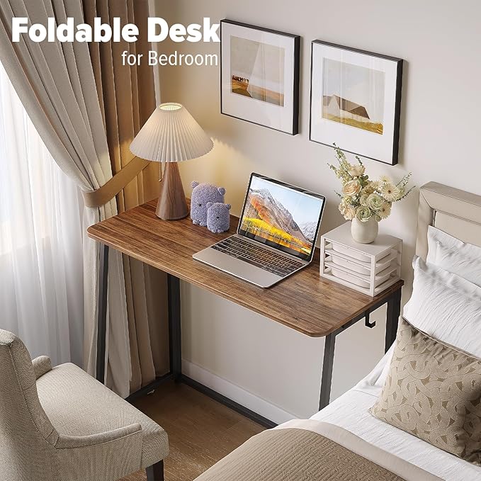 WOHOMO Folding Desk Small Writing Desk 39.4 Space-Saving Foldable Laptop Table Writing Workstation for Home Office Easy Assembly Rustic Walnut