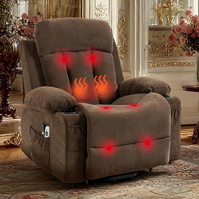 Power Lift Recliner Chair for Elderly People w/Vibration Massage and Lumbar Heat Oversized Recliner Chair Sofa for Adult with Cup Holder USB Charge Port for Living Room Bedroom Brown