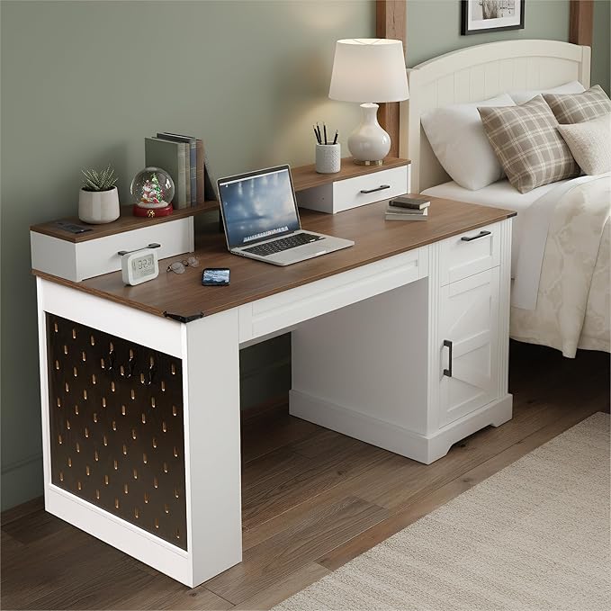 55 Office Desk with Storage Cabinet Charging Station Barn Door Computer Writing Desk with Keyboard Tray Monitor Stand and Pegboard for Study Living Room Home Office White