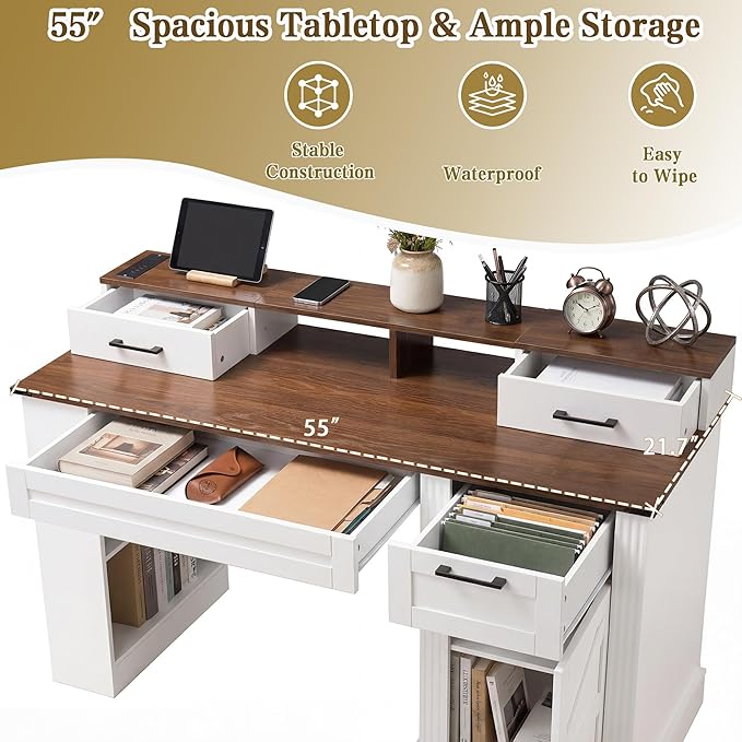 RiteSune 55 Farmhouse Computer Desk with Power Outlets Removable Monitor Stand with Drawers Keyboard Tray &amp Storage Cabinet Home Office Writing Desk with Pegboard Organizer