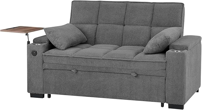 Eafurn Convertible Sleeper Sofa Bed with 360° Swivel Table &amp USB Ports Tufted Chenille Loveseat Pull-Out Couch with Storage Armrest &amp Cup Holders 6-Level Adjustable Backrest