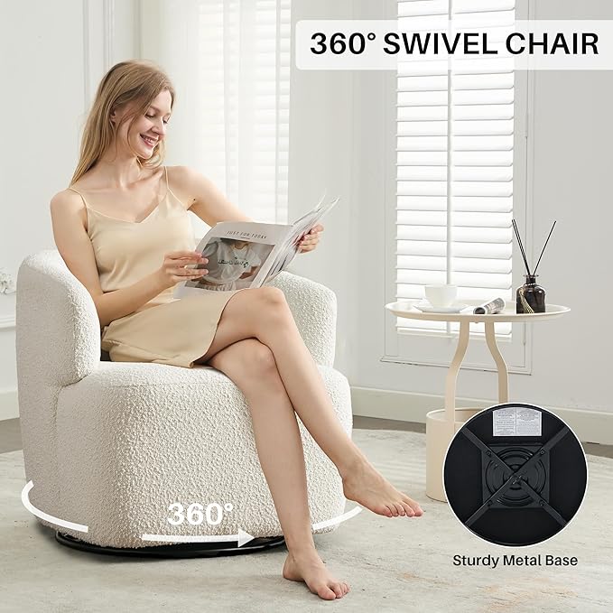 Swivel Accent Chair Sherpa Teddy Barrel Chair for Living Room Cozy Round Boucle Arm Chair Metal Base for Club Nursery Bedroom White