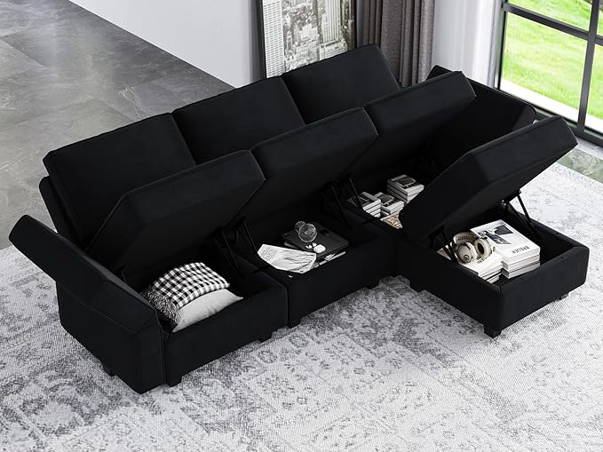 Belffin Modern L Shaped Velvet Sectional Sofa with Chaise Black Storage Adjustable Arm/Backrest