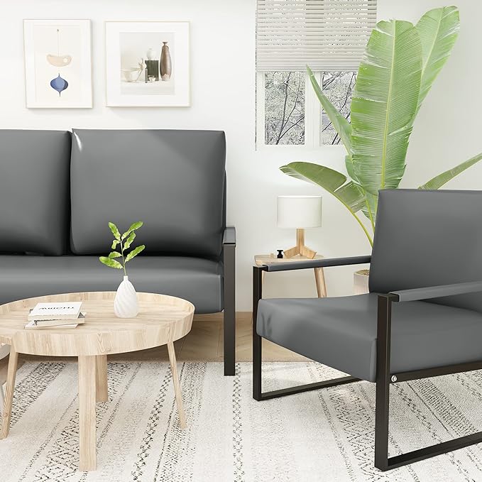 Recaceik Leather Accent Chairs Set of 2 Modern Armchair with Extra-Large Ergonomic Cushion Sturdy Metal Frame Anti-Scratch Foot Mats Single Sofa Chair for Living Room