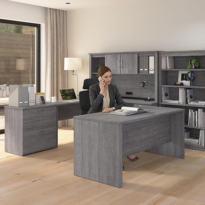 Bestar U or L Shaped Desk with Drawers and Hutch Executive Workstation for Home or Professional Office 66 Inches Logan Collection Bark Grey