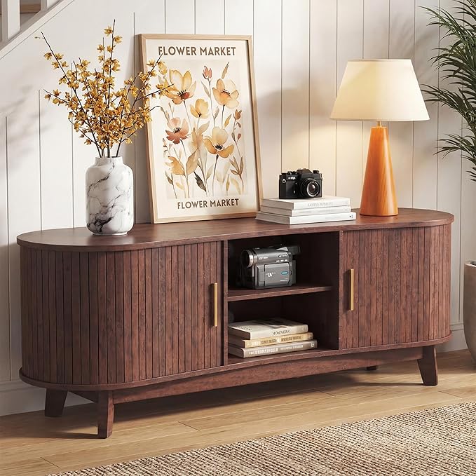 Mid-Century Modern TV Consoles with Sliding Doors 59.4 Fluted TV Stand with Power Outlet and Open Shelves Entertainment Center for Living Room Bedroom Red Brown