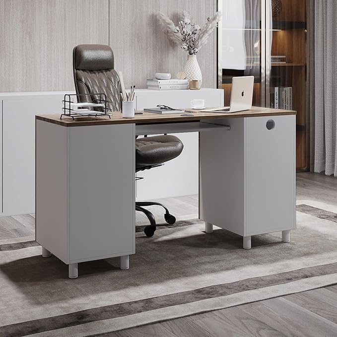 Modern Design Venice Computer Office Desk with 3 Locking Drawers and Storage Cabinet 53 Inch Home and Office Executive Walnut and White Desk with Keyboard Tray by Crafts and Comfort