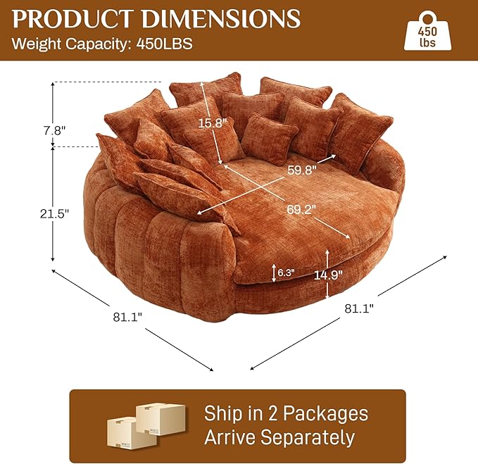 81 Round Sofa Bed Big Bean Bag Round Chaise Lounge Oversized Round Couch Boneless Reading Chair Plush Fluffy Chenille Large Chaise Chair for Living Room Bedroom Apartment Orange
