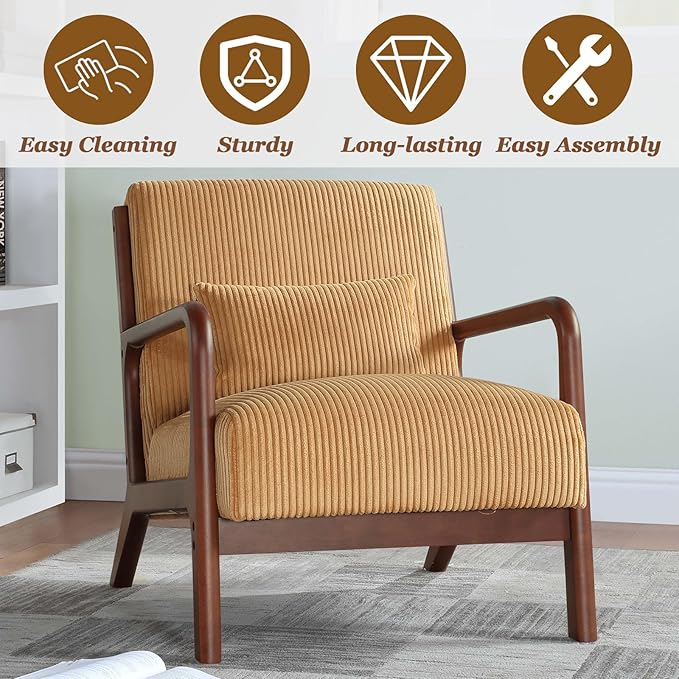 Modern Accent Chairs with Waist Cushion Comfy Upholstered Chair Living Room Corduroy Reading Chair with Solid Wood Frame Side Chairs for Living Room Bedroom Sunny Room Balcony (Yellow)