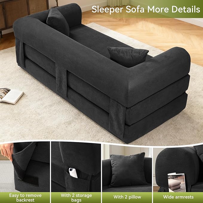 Convertible Futon Sofa Bed80 Folding Pull Out Couch Bed with Pillows &amp StorageQueen Sleeper Sofa BedCompressed Couch in a BoxCorduroy Boneless Couches for Living RoomDeep Gray